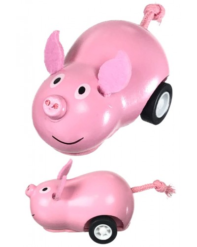 Pink Piggy Racer Wooden Pull Back Mini Car