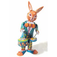 MS298 Happy Bunny Rabbit Drummer Retro Clockwork Wind Up Tin Toy 