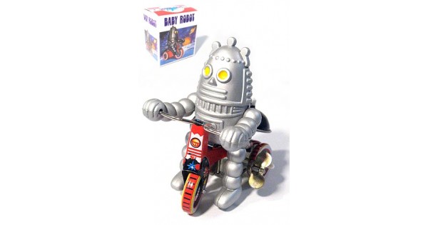 MS013 Baby Robot on Tricycle Bike Bell Retro Clockwork Wind Up Tin Toy w/Box 