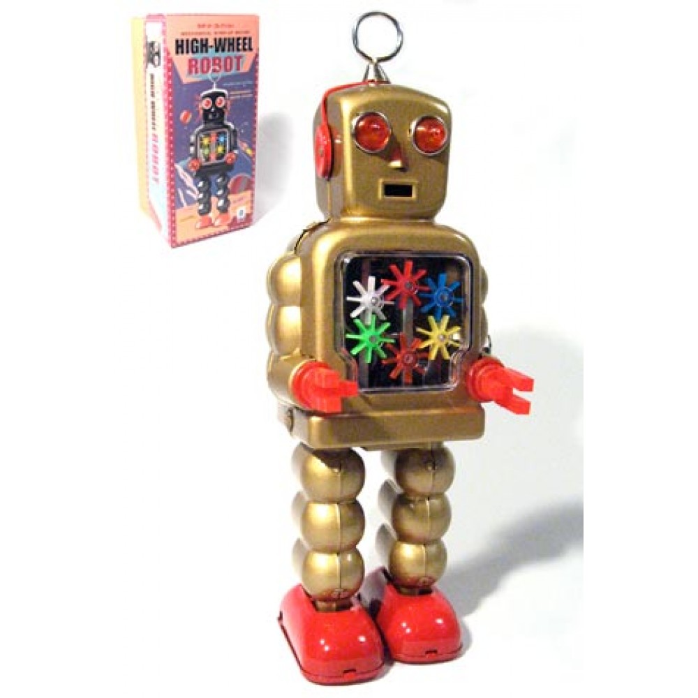NEW! Chrome High Wheel Robot Windup Tin Toy Gear Robot 