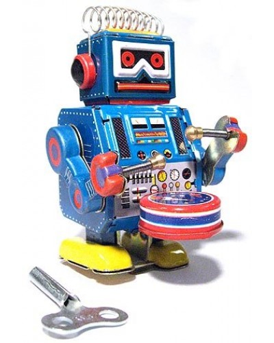 Blue Robot Band Drummer Windup Tin Toy